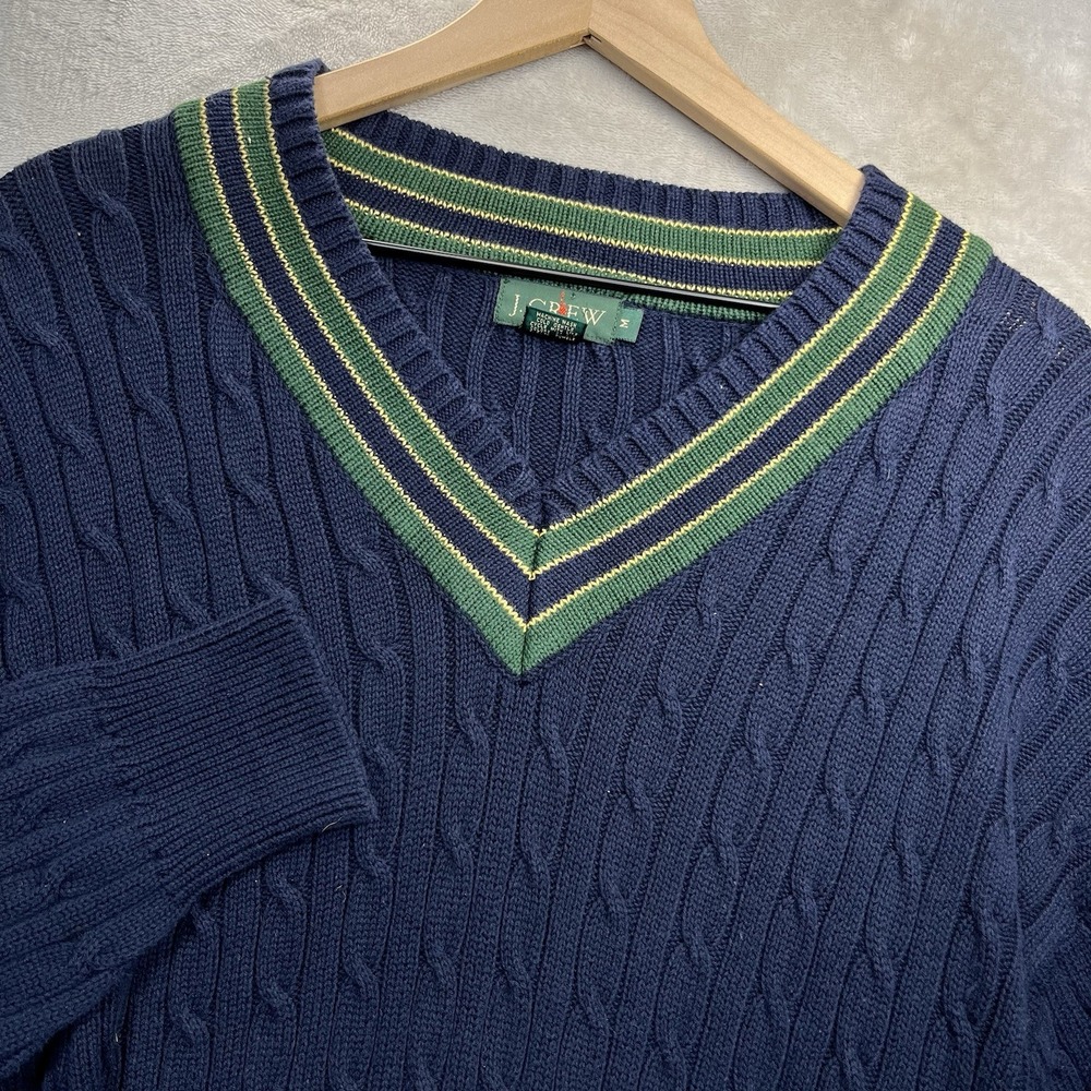 Vintage J.CREW Oarsman Sweater Mens M Blue Cable Knit V Neck Cricket Cotton